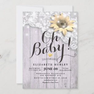 Invitación Baby Shower Lace Sunflower Barn Wood String Luces