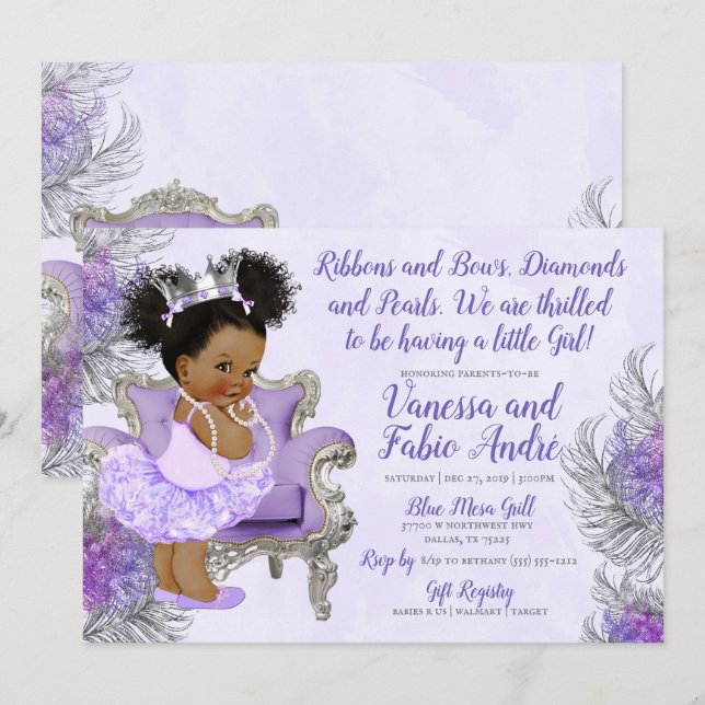 Invitación Baby Shower Lavender Silver Princess (Anverso / Reverso)