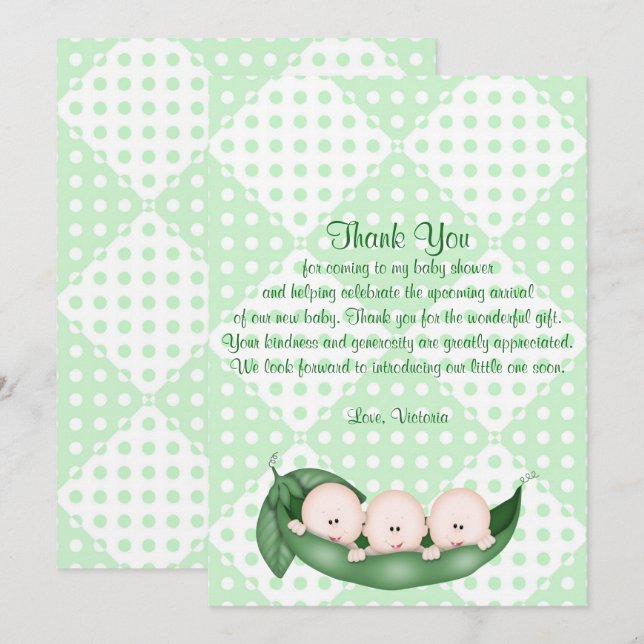 Invitación Baby Shower le agradece los guisantes de los tríos (Anverso / Reverso)