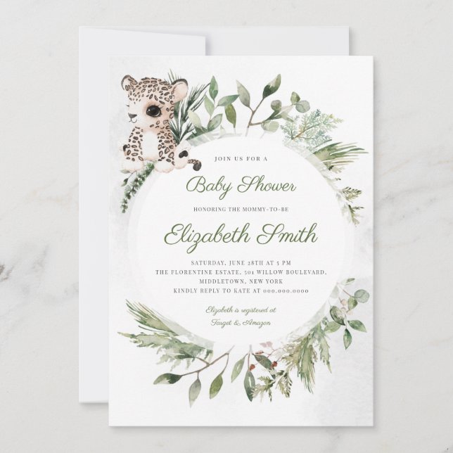 Invitación Baby Shower Leopard Jungle Safari Greenery (Anverso)