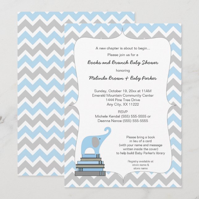 Invitación Baby Shower, libros y brunch del Blue Elephant Boo (Anverso / Reverso)