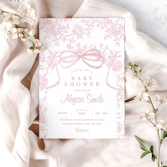 Invitación Baby Shower ligero rosa con soplo y toile (Subido por el creador)