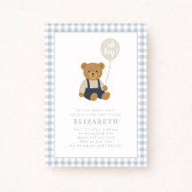 Baby Shower Light Blue Gingham Teddy Bear