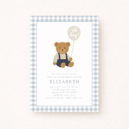 Invitación Baby Shower Light Blue Gingham Teddy Bear