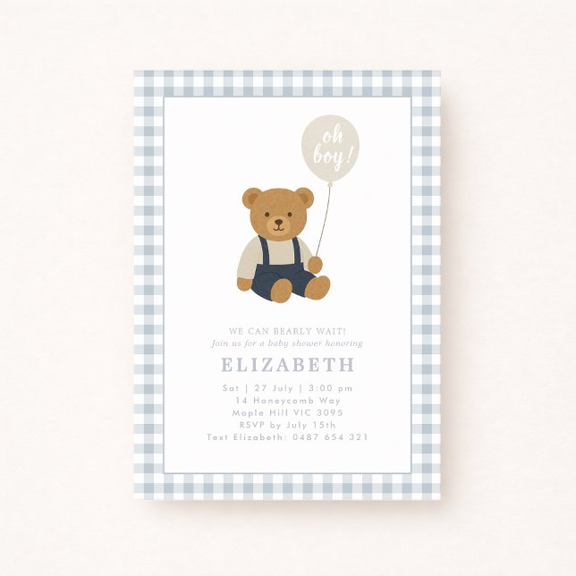 Invitación Baby Shower Light Blue Gingham Teddy Bear (Subido por el creador)