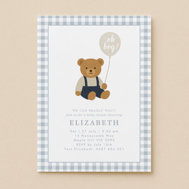 Invitación Baby Shower Light Blue Gingham Teddy Bear (Subido por el creador)