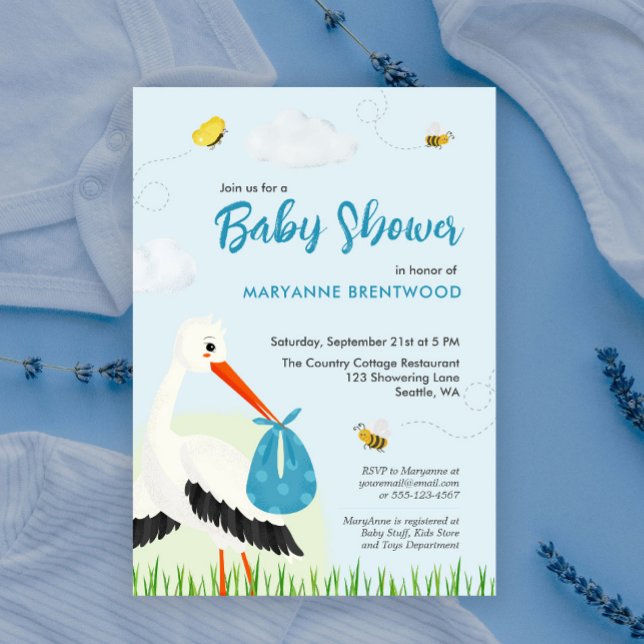 Invitación Baby Shower Light Blue Stork (Light blue stork baby shower and baby sprinkle invitation template with custom text and info)