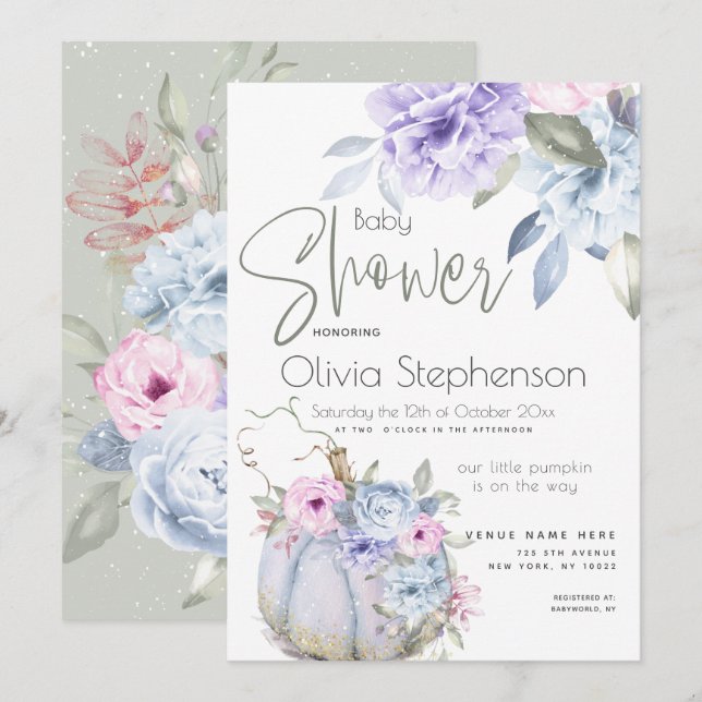 Invitación Baby Shower Lilac Blue Pumpkin Peony Floral Invita (Anverso / Reverso)