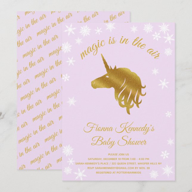 Invitación Baby Shower Lilac Magical Unicorn Winter (Anverso / Reverso)