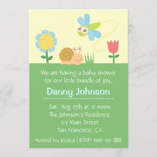 Invitación Baby Shower: Lindísima libélula y caracol en un ja