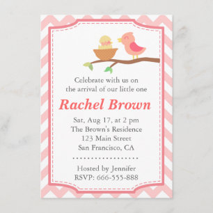 Invitación Baby Shower - Lindo pájaro rosa con recién nacido