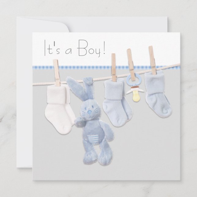 Invitación Baby Shower Línea de Ropa Azul y Gris (Anverso)