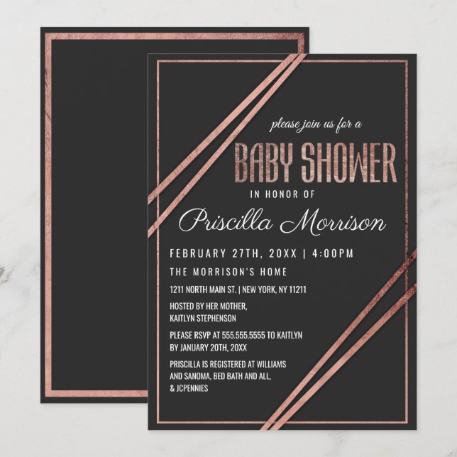 Invitación Baby Shower Lineal de Moda Gold del Rosa negro mod (Anverso / Reverso)