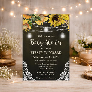Invitación Baby Shower Luces Rústicas de Girasol y Tarro de M