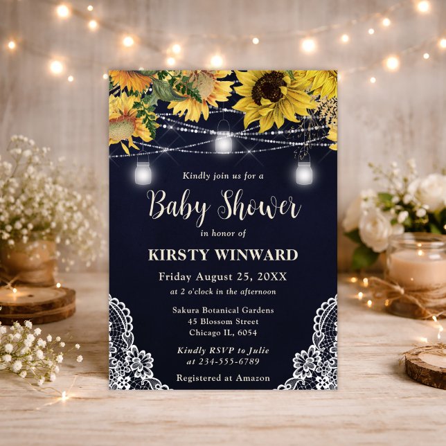 Invitación Baby Shower Luces Rústicas de Girasol y Tarro de M (Subido por el creador)