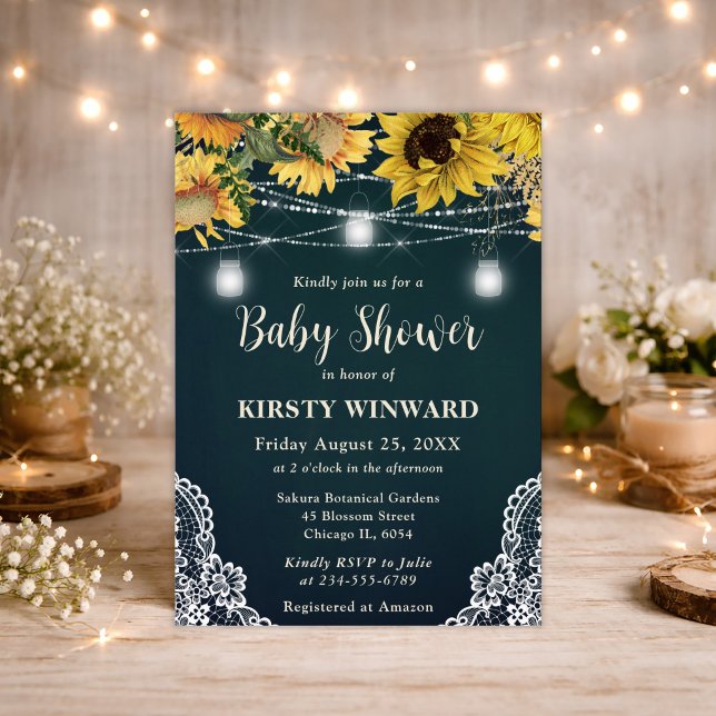 Invitación Baby Shower Luces Rústicas de Girasol y Tarro de M (Subido por el creador)
