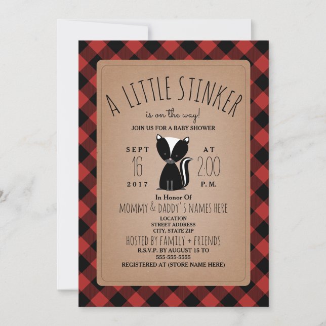 Invitación Baby Shower Lumberjack Plaid Skunk (Anverso)