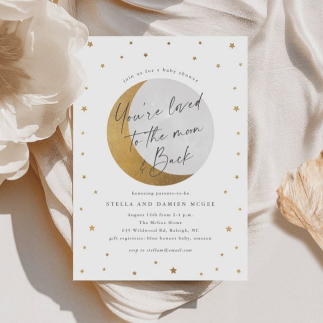 Invitación Baby Shower Luna y Estrellas (Elegant Script Gold Moon and Stars Gender Neutral Baby SHower Invitations.)