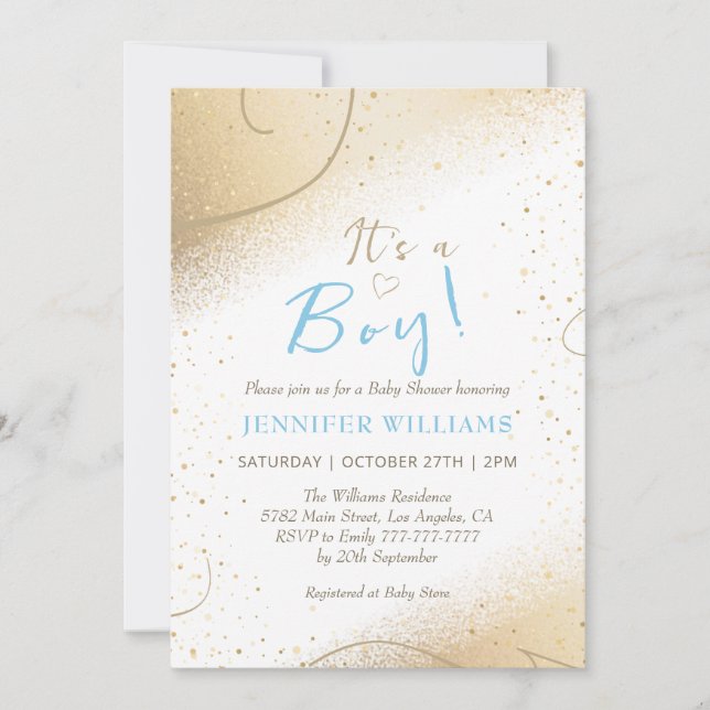 Invitación Baby Shower Luxurious Gold & Blue Boy (Anverso)