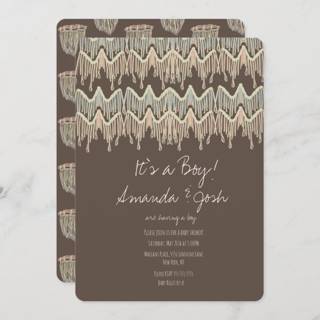 Invitación Baby Shower Macrame Colgando Arte Rústico Boho Rop (Anverso / Reverso)