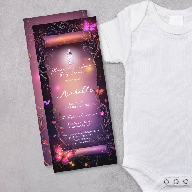 Invitación Baby Shower Magic Pink Enchanted Forest Scroll (magic pink parchment scroll with butterflies and mushrooms)