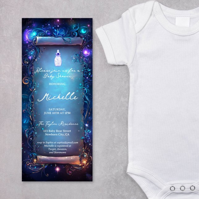 Invitación Baby Shower Magic Purple Enchanted Forest Scroll (Magic Purple enchanted forest baby shower invitation)