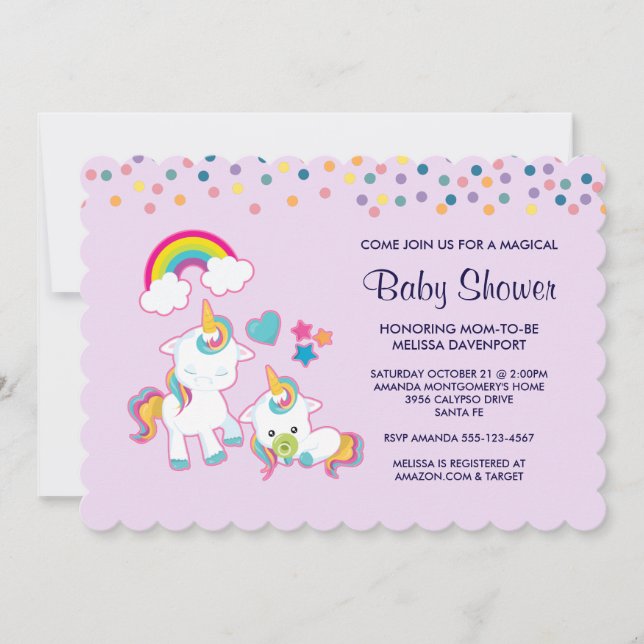 Invitación Baby Shower mágico con mamá y bebé Unicornio (Anverso)