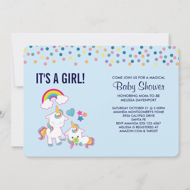 Invitación Baby Shower mágico con mamá y bebé Unicornio (Anverso)