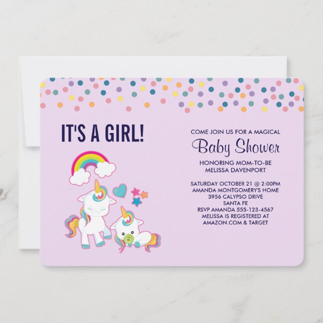 Invitación Baby Shower mágico con mamá y bebé Unicornio (Anverso)