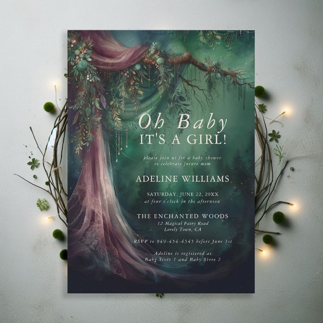 Invitación Baby Shower mágico de cuento de hadas sobre bosque (enchanted forest baby shower emerald green mauve purple veil woodland fairy tale faerie magic invite)
