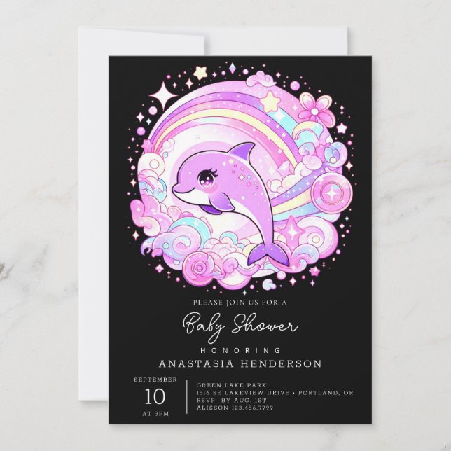 Invitación Baby Shower mágico de fantasía delfín (Anverso)