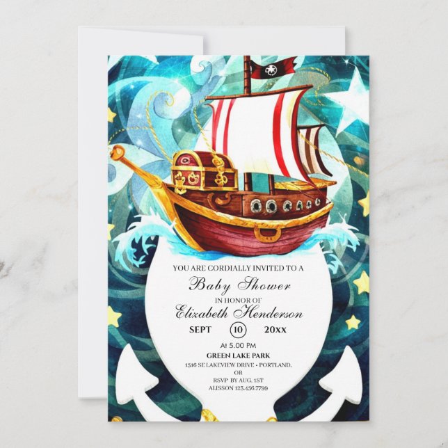 Invitación Baby Shower mágico de los piratas (Anverso)
