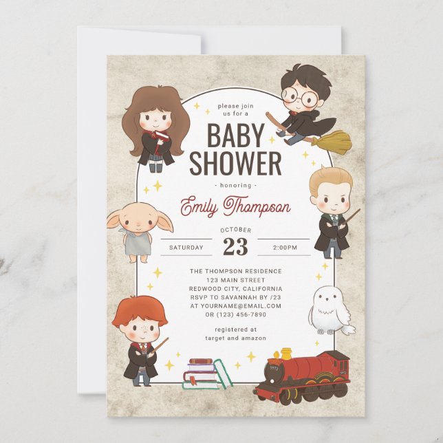 Invitación Baby Shower mágico de personajes de Harry Potter (Anverso)