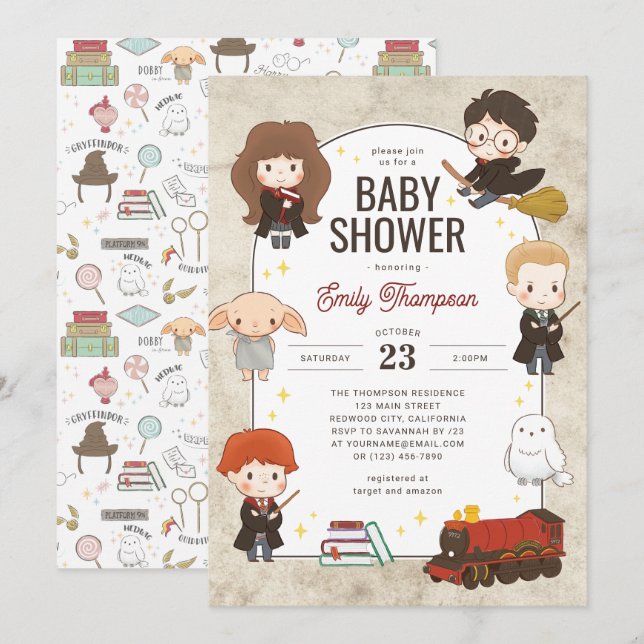 Invitación Baby Shower mágico de personajes de Harry Potter (Anverso / Reverso)