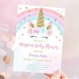 Invitación Baby Shower mágico del arcoiris de Unicornio