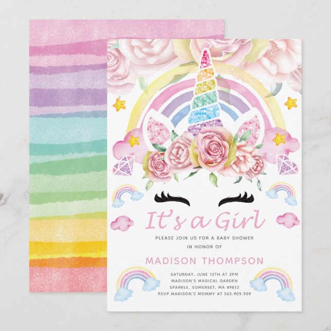 Invitación Baby Shower mágico Fiesta de unicornio (Anverso / Reverso)