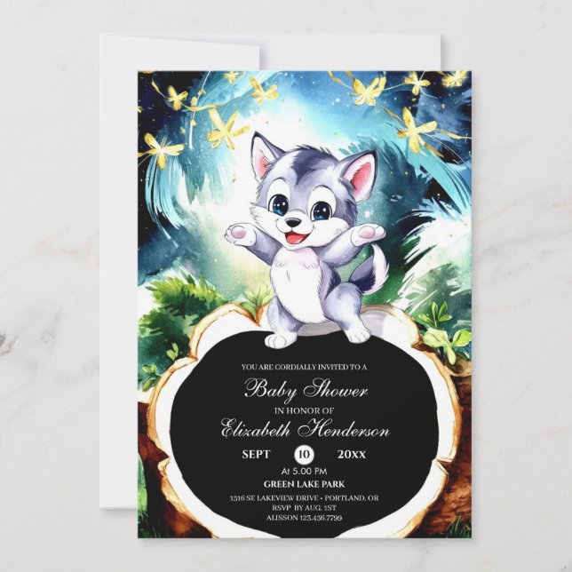 Invitación Baby Shower mágico simple de lobo (Anverso)