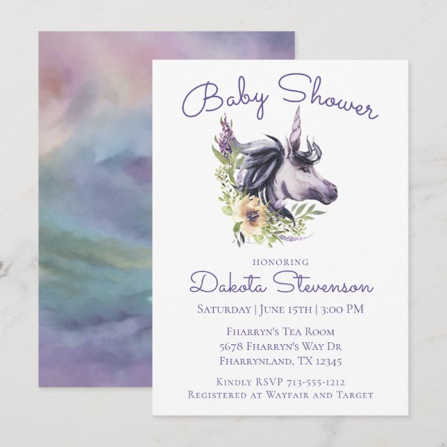 Invitación Baby Shower magico unicornio | Acuarela moderna (Anverso / Reverso)
