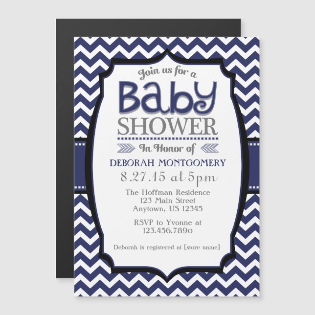 Invitación Baby Shower magnética de Navy Blue Chev (Anverso/Reverso)