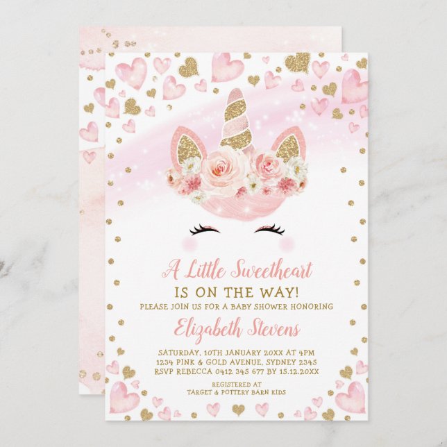 Invitación Baby Shower Magnífico de oro rosa unicornio (Anverso / Reverso)