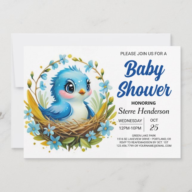 Invitación Baby Shower Magnífico Woodland Blue Bird Boy (Anverso)