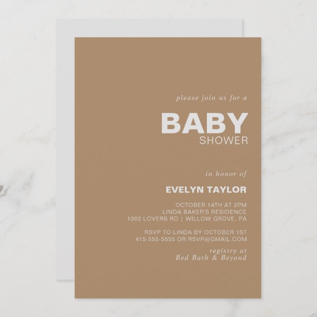Invitación Baby Shower marrón formal elegante minimalista (Anverso / Reverso)