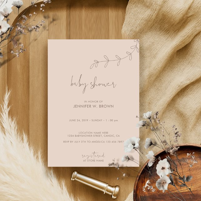 Invitación Baby Shower marrón mínimo de flores (Subido por el creador)