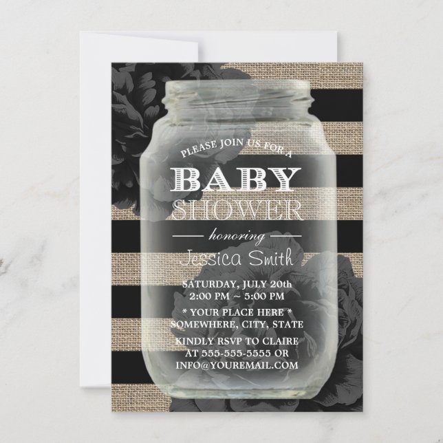 Invitación Baby Shower Mason Jar Rustic Burlap Stripes (Anverso)