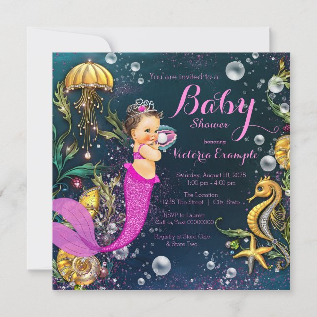 Invitación Baby Shower Mermaid de Brunette Pink (Anverso)
