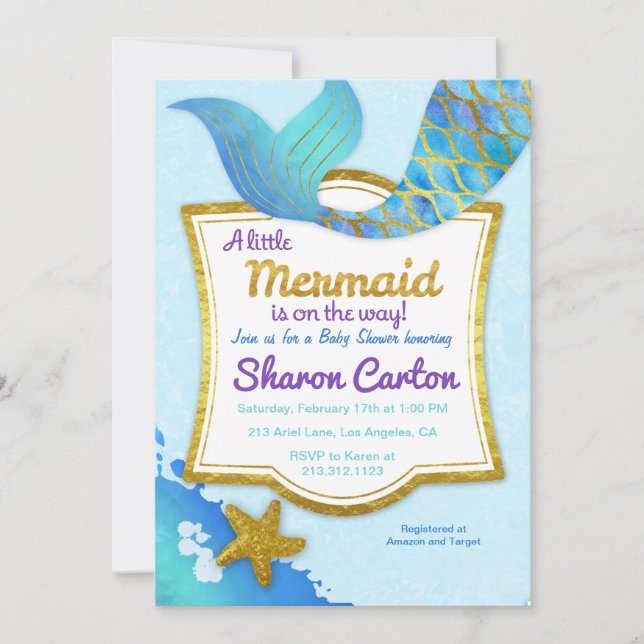 Invitación Baby Shower Mermaid Watercolor Gold (Anverso)
