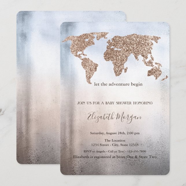 Invitación Baby Shower metálico del Mapa Mundial de purpurina (Anverso / Reverso)