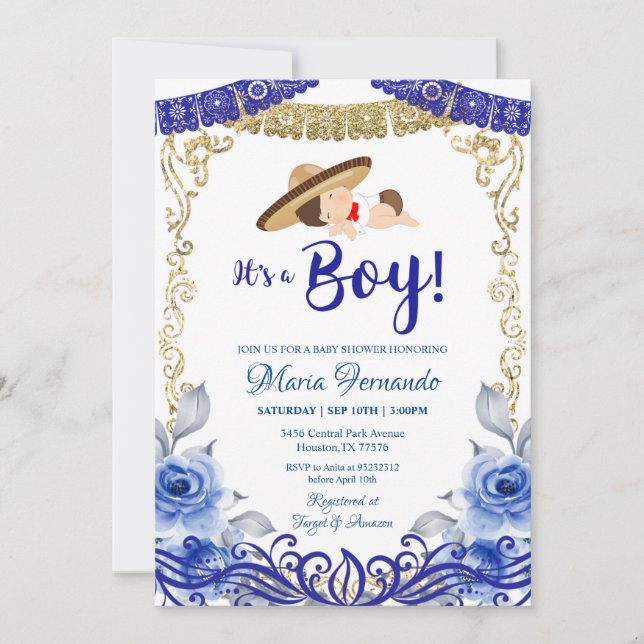 Invitación Baby Shower mexicana azul y oro (Anverso)