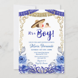 Invitación Baby Shower mexicana azul y oro