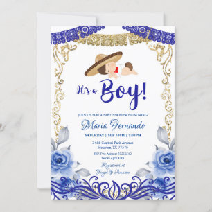 Invitación Baby Shower mexicana azul y oro